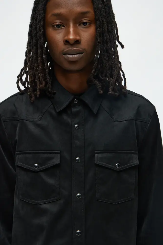 Black Faux Suede Button Up Shirt Size: L SKU: 8990ML1