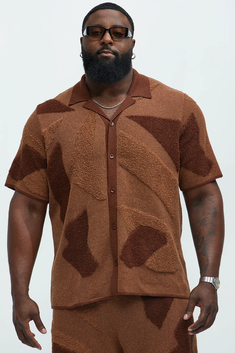 Brown/Combo Cuban Collar Knitted Shirt Size: 2XL SKU: F879012