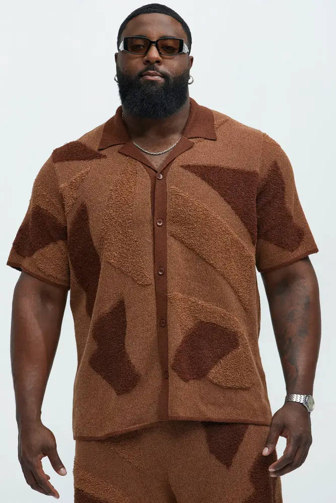 Brown/Combo Cuban Collar Knitted Shirt Size: 2XL SKU: F879012