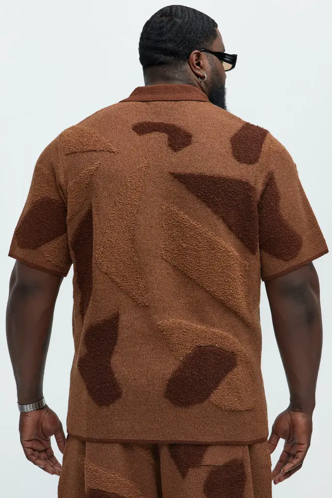 Brown/Combo Cuban Collar Knitted Shirt Size: 2XL SKU: F879012