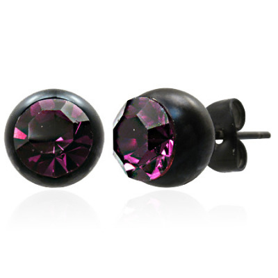 8mm Black Steel Stud w/ Rose Pink Stones