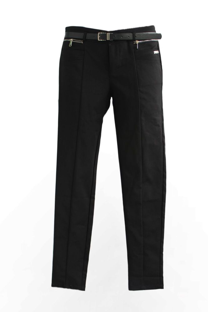 Zipper Pocket Slim Fit Belted Pants 