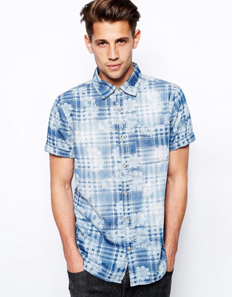 Denim Printed Short Sleeve Shirt - M 