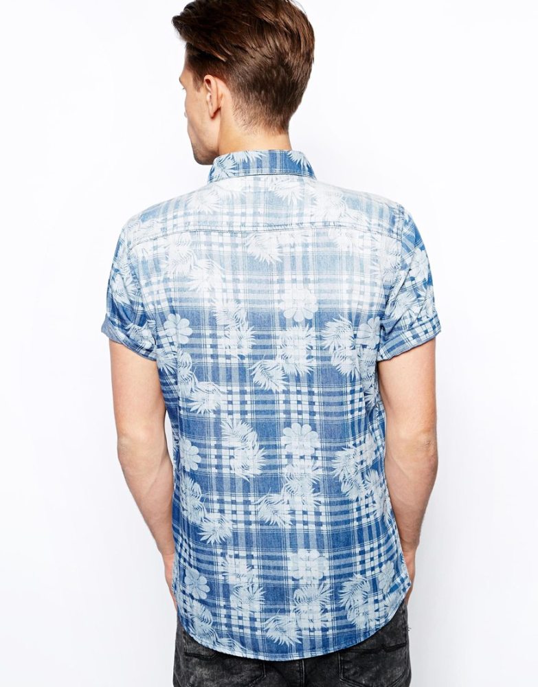 Denim Printed Short Sleeve Shirt - M 