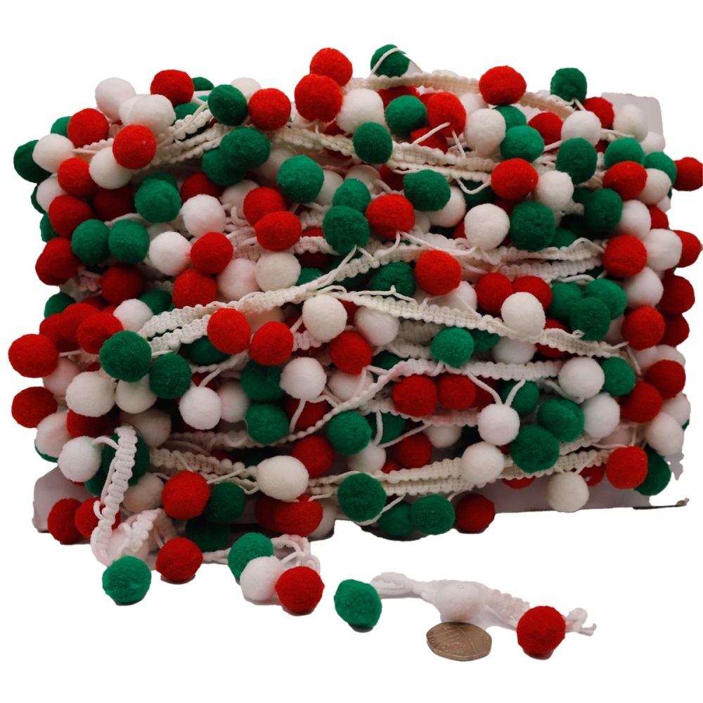 Pom Pom Wired Cord Trim- Christmas, Red, Green, & White- 1/2 inch