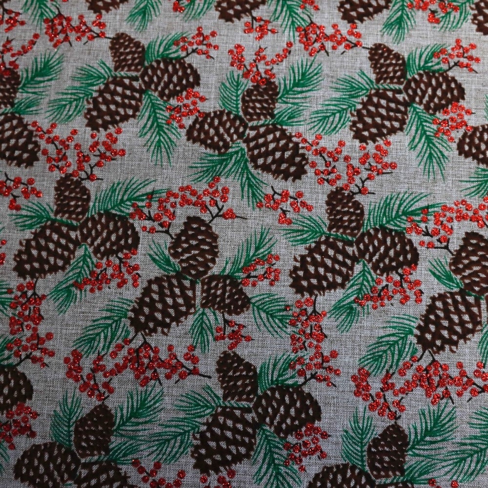 Natural craft cotton with Pin Cones - per half metre