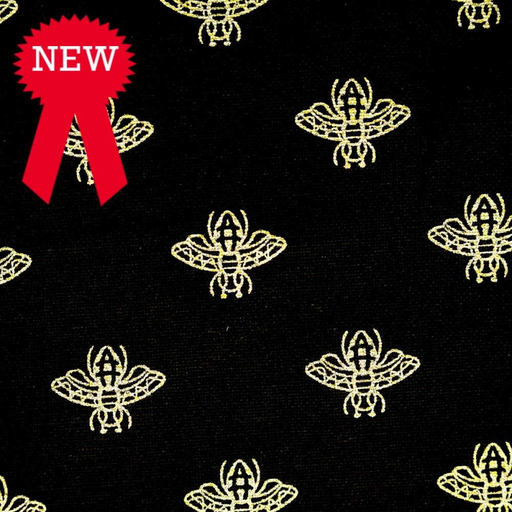 80% cotton/20% polyester Craft Cotton Black with Gold Bees - per half metre