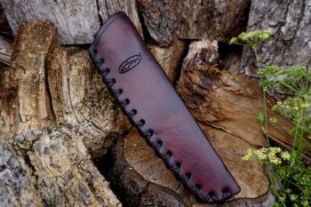 leather cross stitched mora carving tool sheath in mahogany for beaver bush