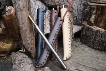 fire and leather fire storm hand dyed sheaths hand crossed stitched by beav