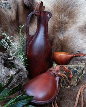 Leather generic phot of handmade leather drinking vessals for beaver bushcr