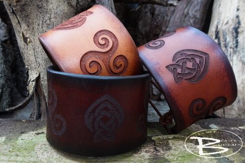 Hand Crafted Viking Styled Leather Cuff - Triskele Motif Design