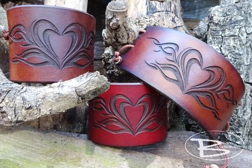 Leather tribal heart cuffs handmade by beaver bushcraft