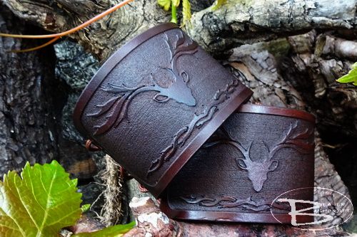 Hand Crafted Viking Styled Leather Cuff - Stag Head (Relief) Design