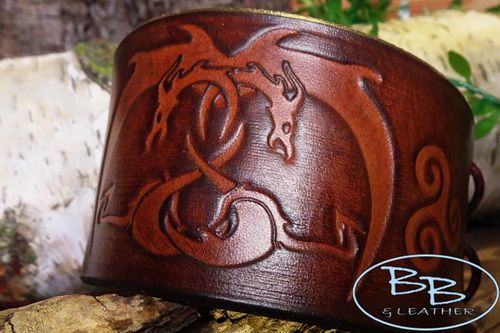 Hand Crafted Viking Styled Leather Wrist Cuff - Celtic Entwined Dragon Design + Triskelle