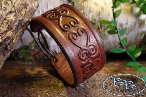 Hand Crafted Viking Styled Leather Wrist Band - Celtic Hearts