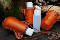 Hand Stitched Mini Leather 'Bottle Holder' + Refillable Plastic Bottle 