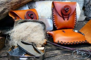 Fire lighting hand sized leather tinderbox with handy fire kit by beaver bu