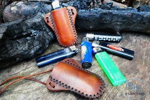 Fire and leather hand crafted sheath for clipper lighter made by beaver bus