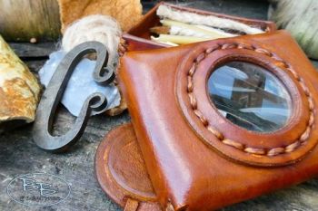 Fire &amp; leather hand crafted tinderbox with lens and flint &amp; steel contents