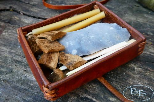 Fire and leather hand crafted tinder box with lens with contents by beaver 