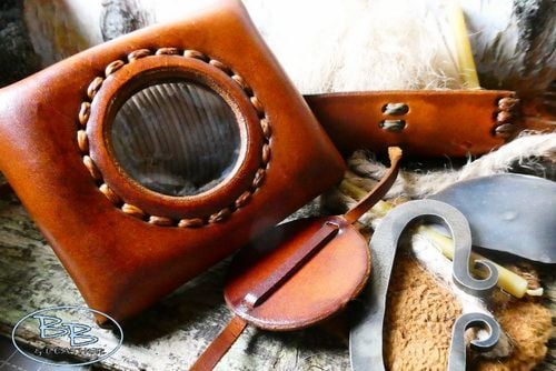 Leather and fire tinderbox hand crafted by beaver bushcraft with flint & st