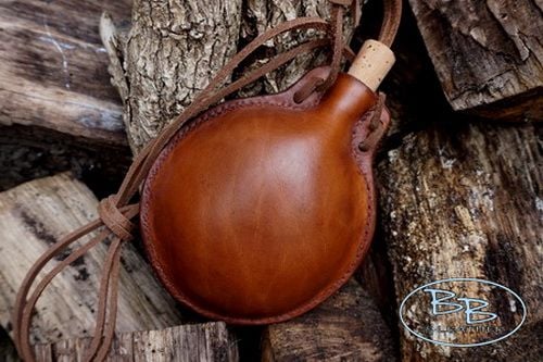 Handmade 'Medieval' Style Round Leather Bottle/Flask - Rustic Patina