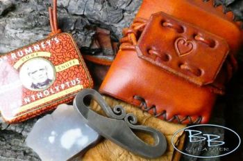 Vintage kit for tiny mini pocket tinder box with heart motif leather pouch