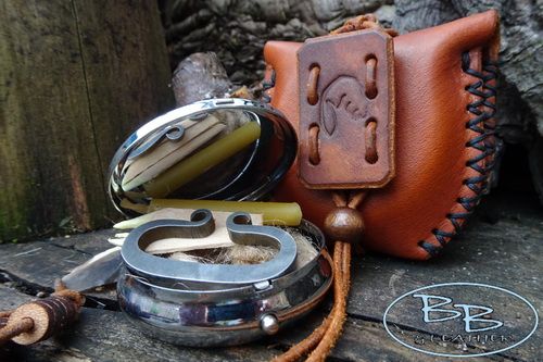Mini Round Tinderbox with Hand Crafted Leather Pioneering Style Pouch - Lim