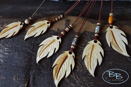 Hand Crafted Pyrography Styled Wooden Feather Pendant with Beaded Detail 