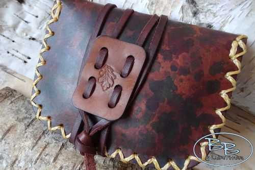 Hand Painted Cross Stitched Leather 'Pioneering' Style Tinder Pouch - Acorn Motif