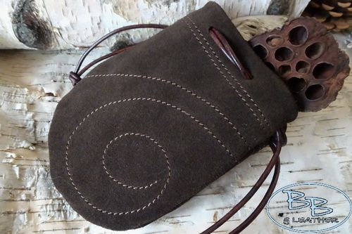 Soft Suede Tinder/Possibles Pouch with stitched Tribal Scroll Detail - Dark