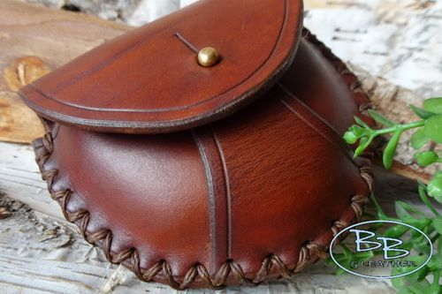 Hand Cross Stitched 'Half Moon Possibles' Leather  Pouch -  Antique Brown -