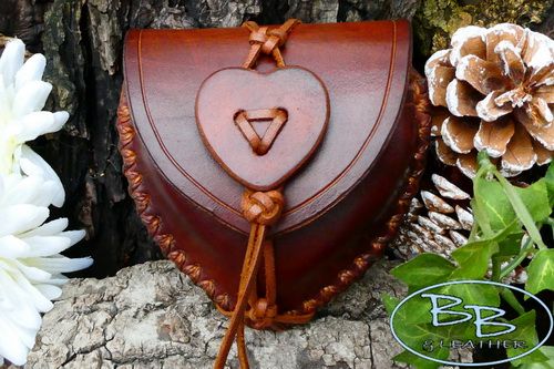 Hand Cross Stitched 'Heart Shaped Possibles' Leather  Pouch -  Antique Brow