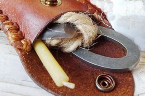 Mini Vintage Leather Tinder Pouch with Flint & Steel Fire Lighting Kit - Hand Crossed Stitched - Oval Fire Steel