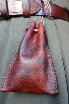 leather hand painted patina pouch worn as a belt pouch by beaver bushcraft