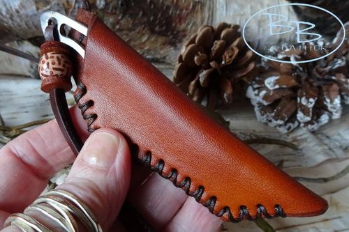 Leather Necker Knife - 2 Finger Grip - Hand Cross Stitched Leather Friction Fit Neck Sheath - Limited Edition