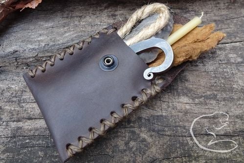 Mini Vinatge Leather Tinder Pouch with Flint & Steel Fire Lighting Kit - Hand Crossed Stitched - 'C' Fire Steel