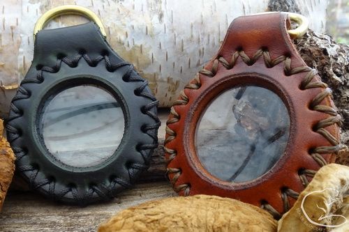 BESPOKE -  Leather Mounted Solar Lens with Brass 'D' Ring - CROSS STITCHED 