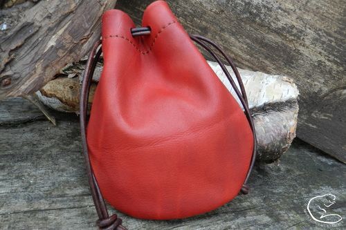 NEW -  Hand Dyed Soft Leather Drawstring  'Possibles' Pouch  - Cherry Red
