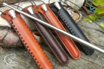 Fire and leather cross stitched and saddle stitched neck sheaths by BB