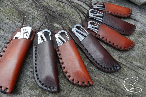 Hand Stitched, Hand Dyed Leather Friction Fit Neck Sheath with Simple Cutting Tool