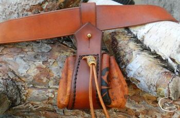 Leather viking belt pouch all hand crafted and hand painted by beaver bushc