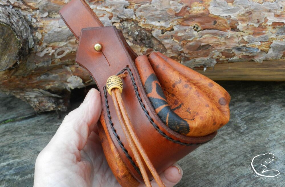 NEW - Hand Stitched, Hand Printed Leather Viking Belt Pouch - Ghost of Autumn Leaves