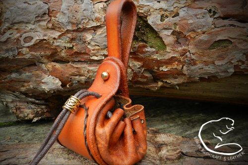 NEW - Hand Stitched, Mini Sized Hand Printed Leather Viking Belt Pouch - Ghost of Autumn Leaves