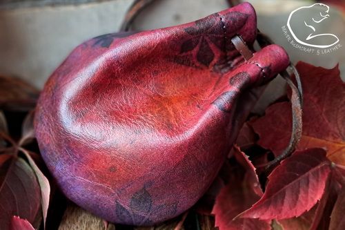 NEW - Hand Printed 'Ghost of Autumn Leaves' Soft Leather Tinder 'Possibles' Pouch - Berry