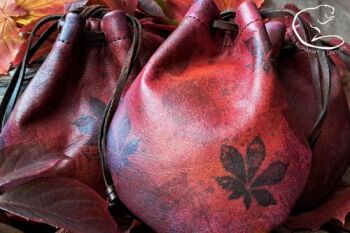 Ghosted berry autumn leaves hand painted leather pouches by beaver bushcraf