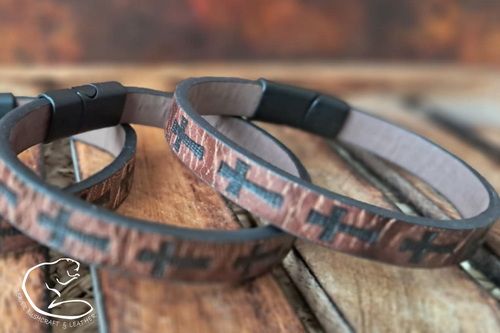 NEW - Distressed Leather Slim Wrist Strap - Embossed Cross - Beaver Moon Leather - BMLX