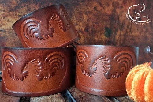Phoenix Design - Hand-crafted Viking Leather Wrist Cuff - Beaver Moon Leather