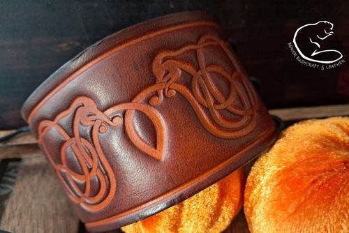 'Entwined Serpents' - Hand-crafted Urnes Style Viking Leather Wrist Cuff - Beaver Moon Leather