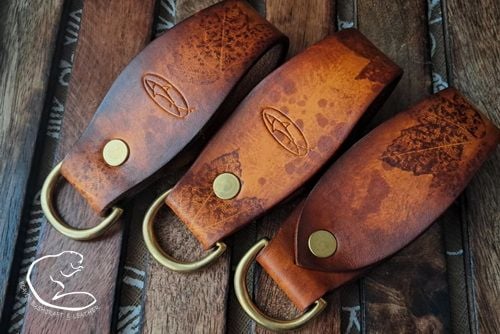 Ghost of Autumn Leaves - Curved Leather Belt Loop with Solid Brass 'D' Ring - RIVETED - Hand Printed (45-7910)